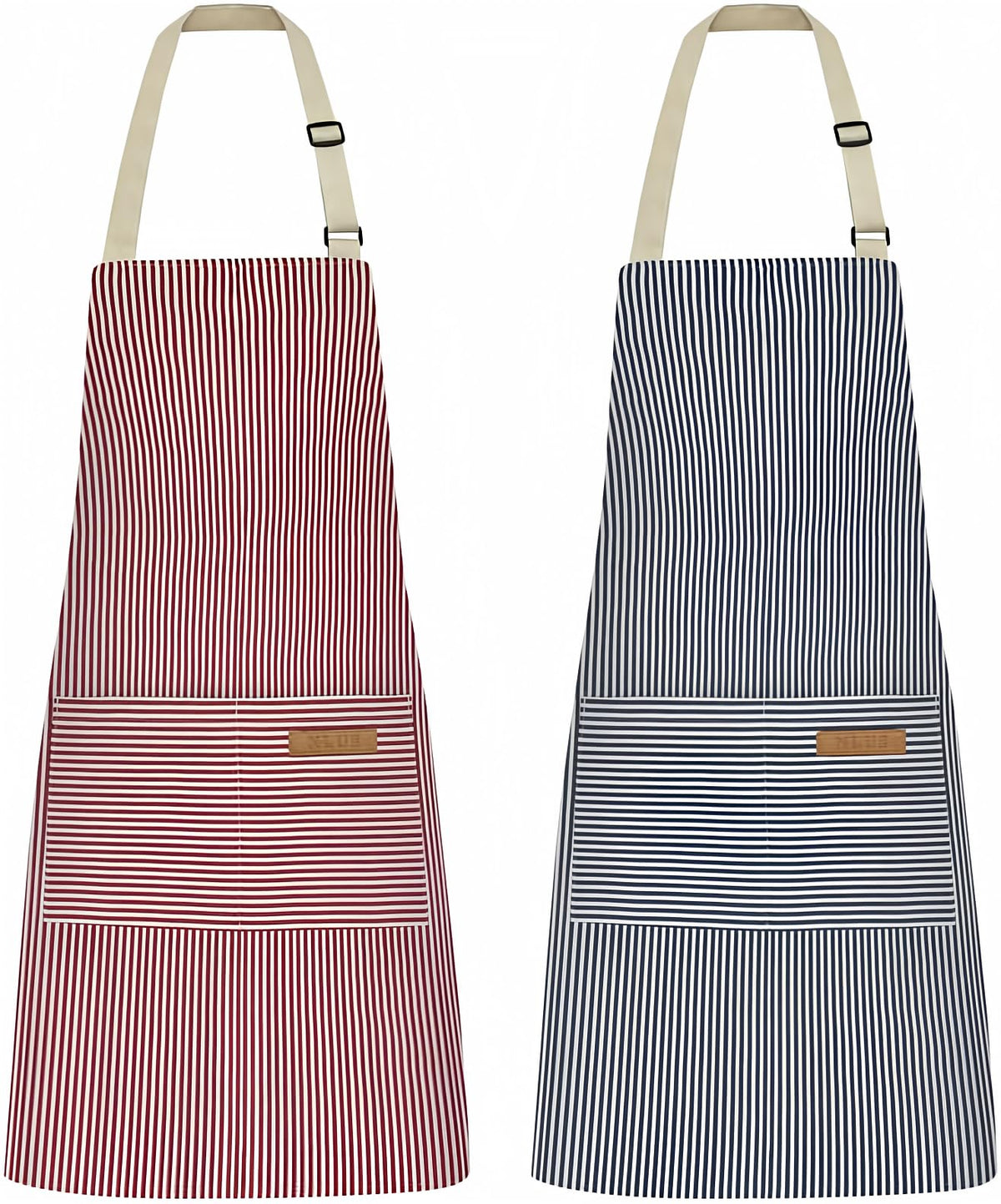 NLUS blue pinstripe apron front view shows full coverage and durability