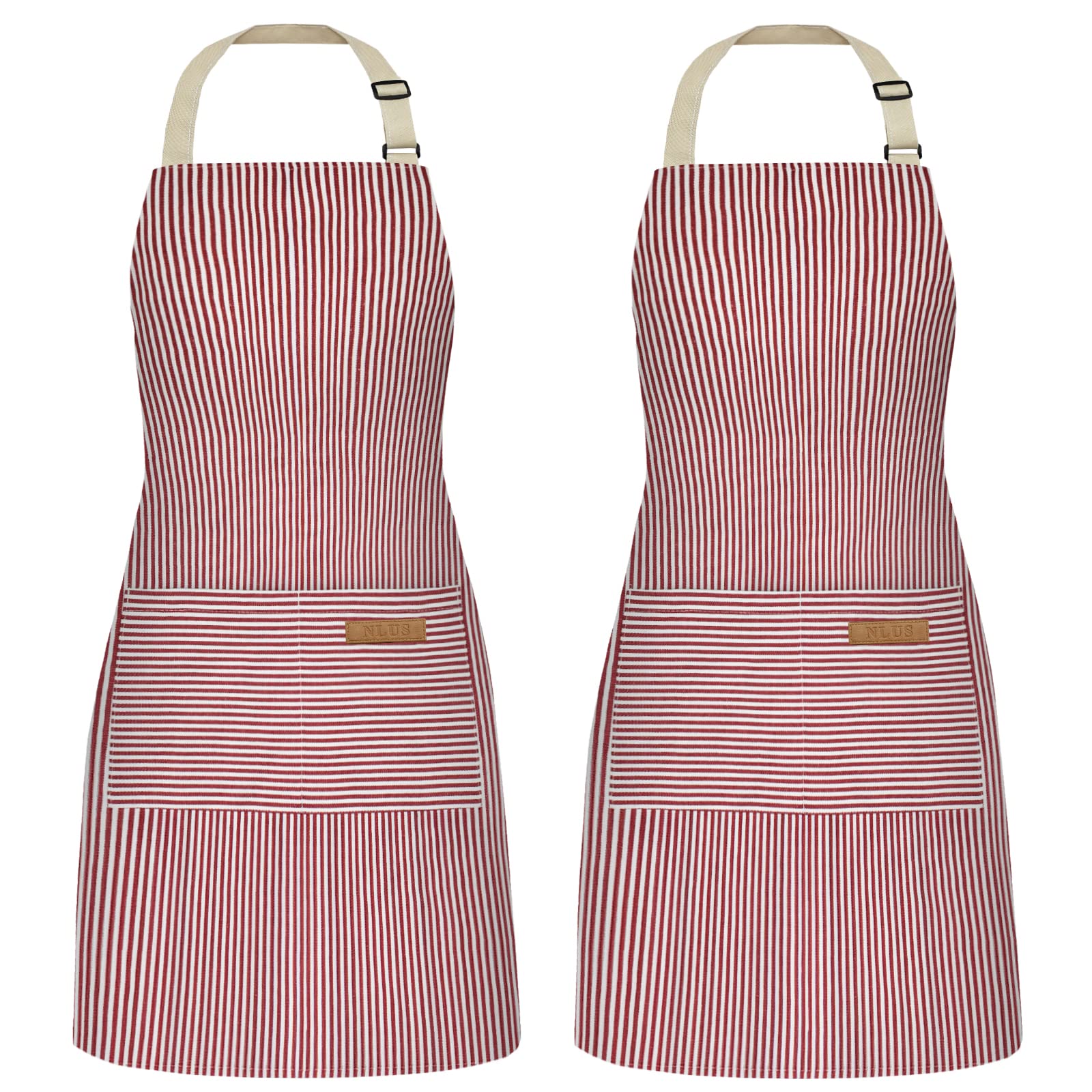 NLUS apron with pockets in red pinstripes, front view showing handy storage