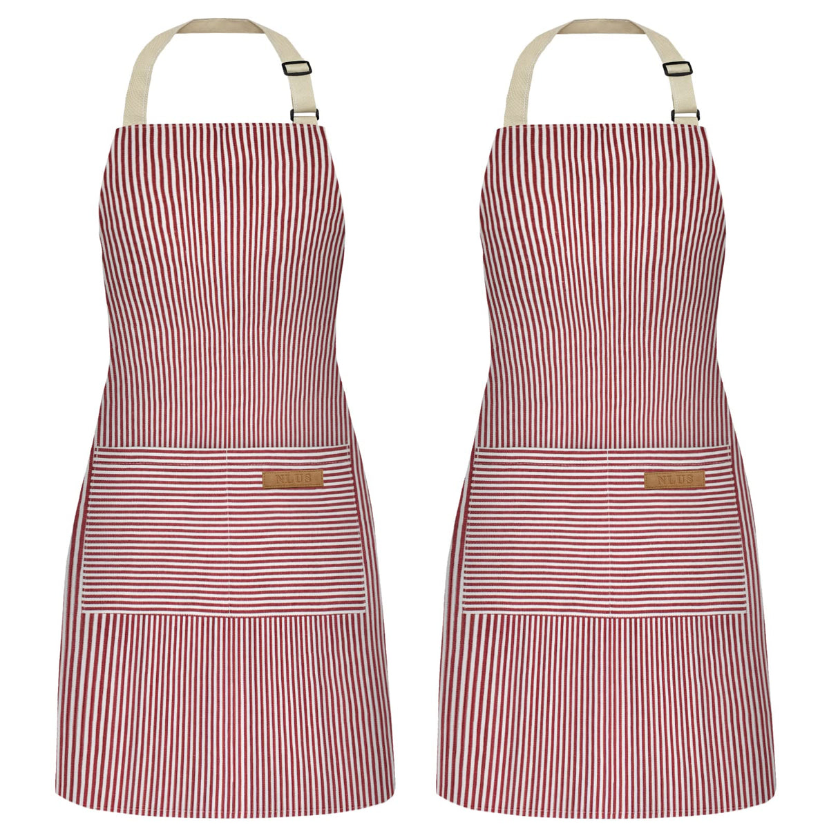 NLUS apron with pockets in red pinstripes, front view showing handy storage