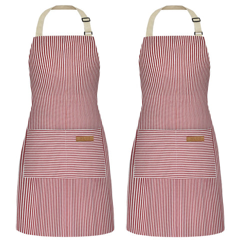 NLUS apron with pockets in red pinstripes, front view showing handy storage
