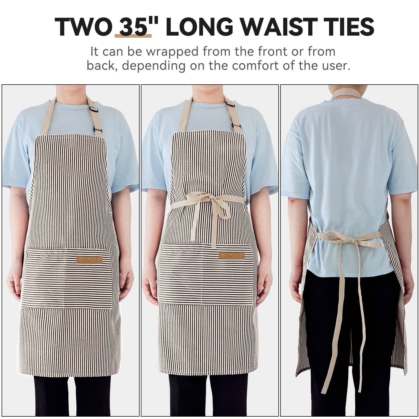 NLUS brown pinstripe apron double waist straps enabling flexible sizing