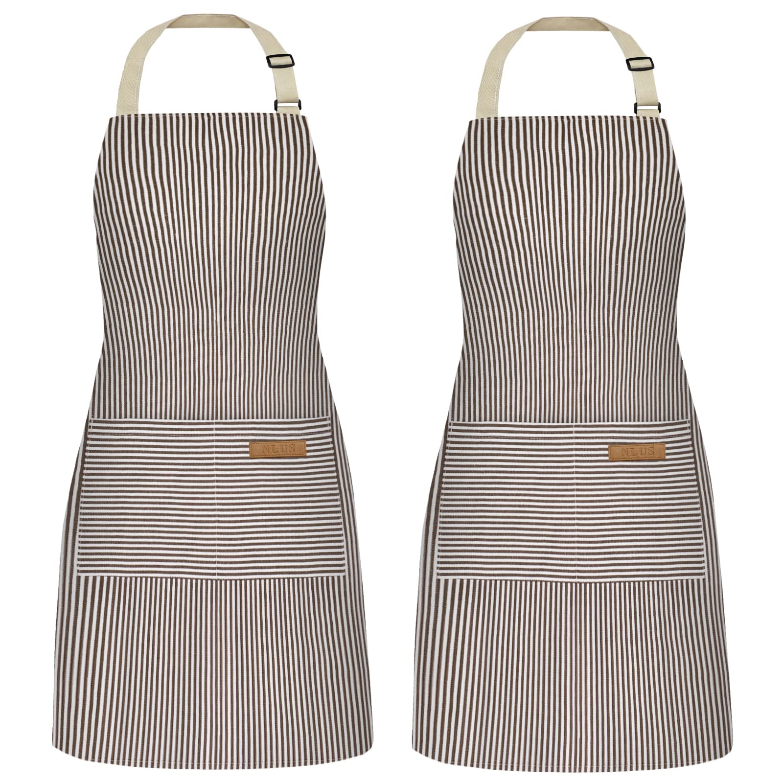 NLUS brown pinstripe apron front view with full coverage for cooking