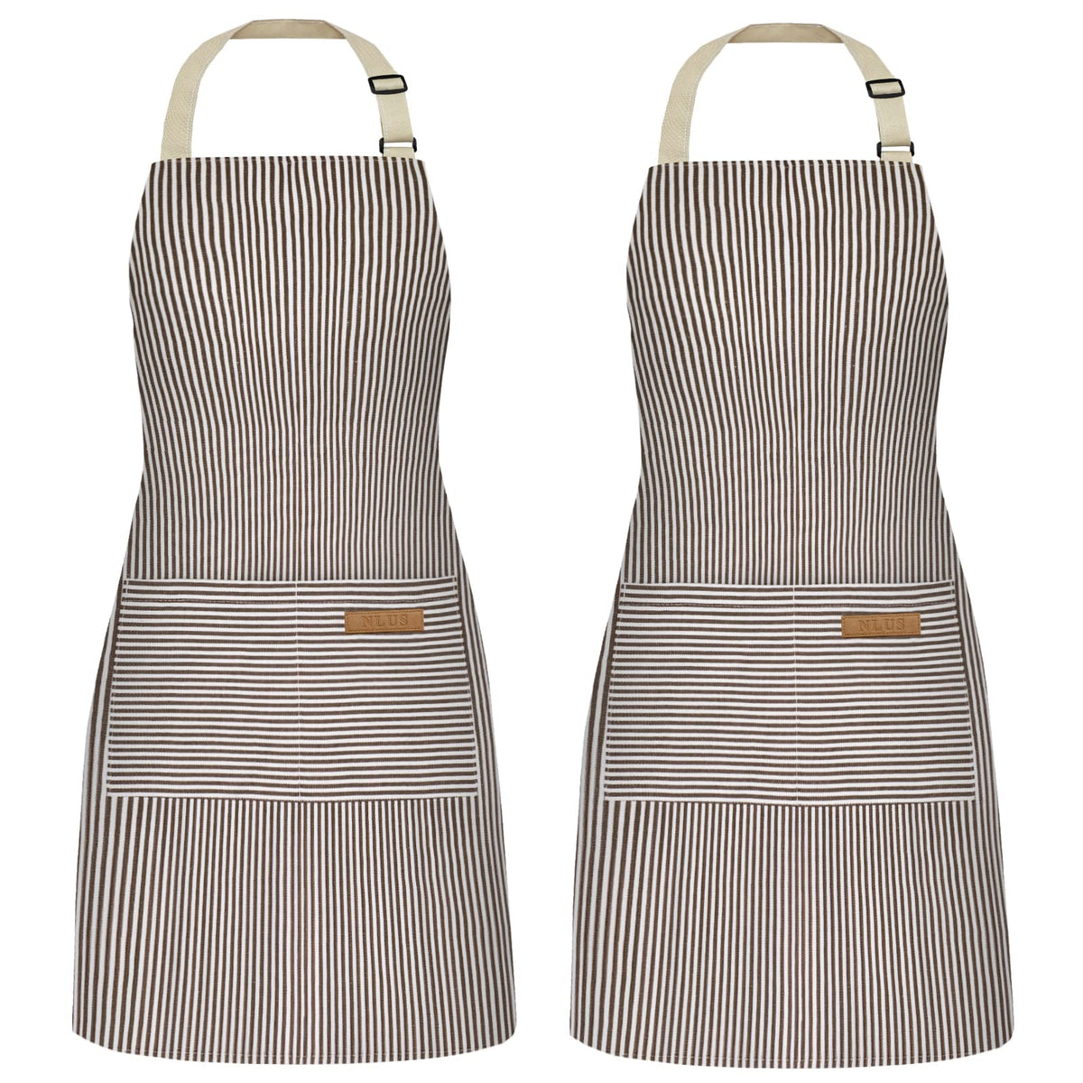 NLUS brown pinstripe apron front view with full coverage for cooking