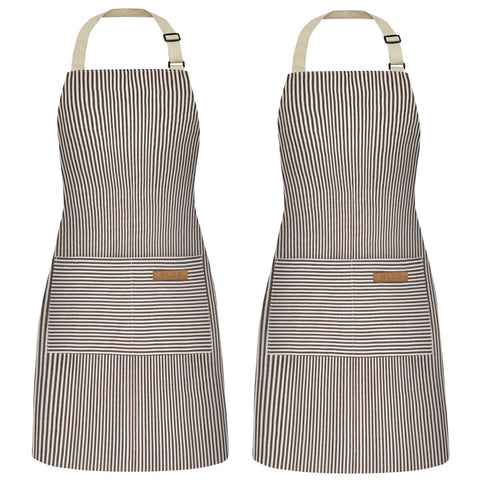 NLUS brown pinstripe apron front view with full coverage for cooking