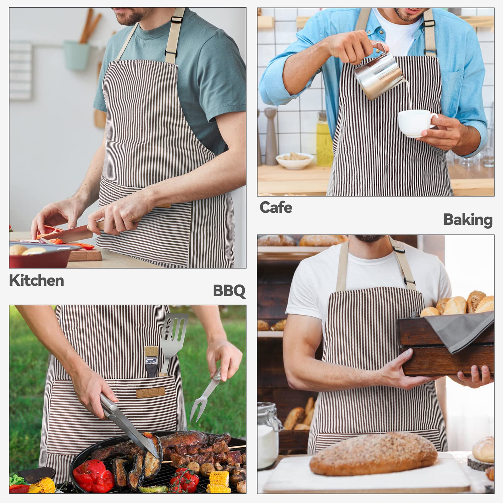 NLUS brown pinstripe apron showcases multiuse for cooking and more