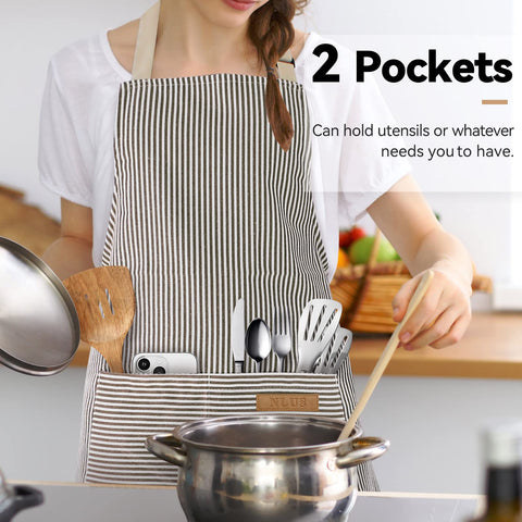 NLUS brown pinstripe apron pocket division showing convenient storage options