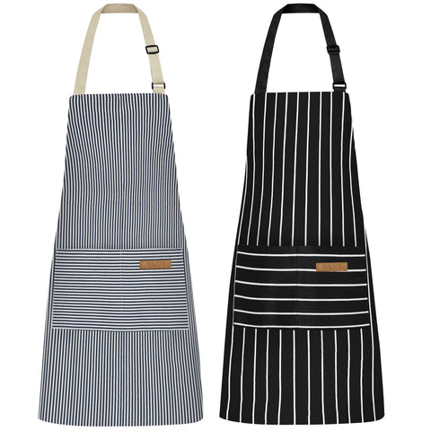 NLUS blue pinstripe kitchen apron, front view with two pockets for tools