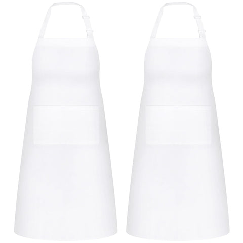 NLUS white two-pocket apron front view, convenient tool storage for cooks.