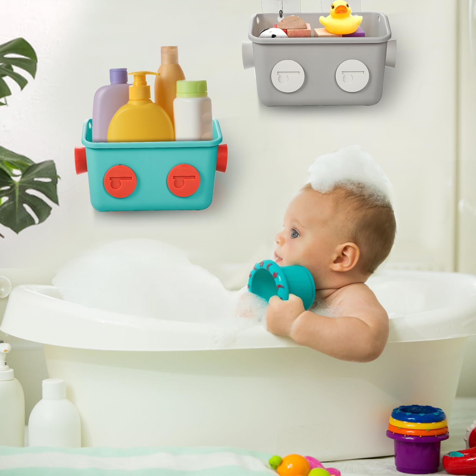 Noamus gray robot toy basket helps tidy the bathroom.