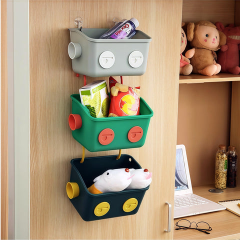 Noamus green robot toy basket keeps bath items organized.
