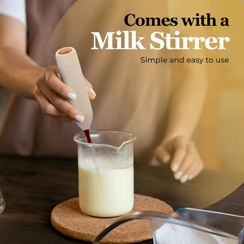 Stainless steel body detail communicates durability for daily homemade milk.