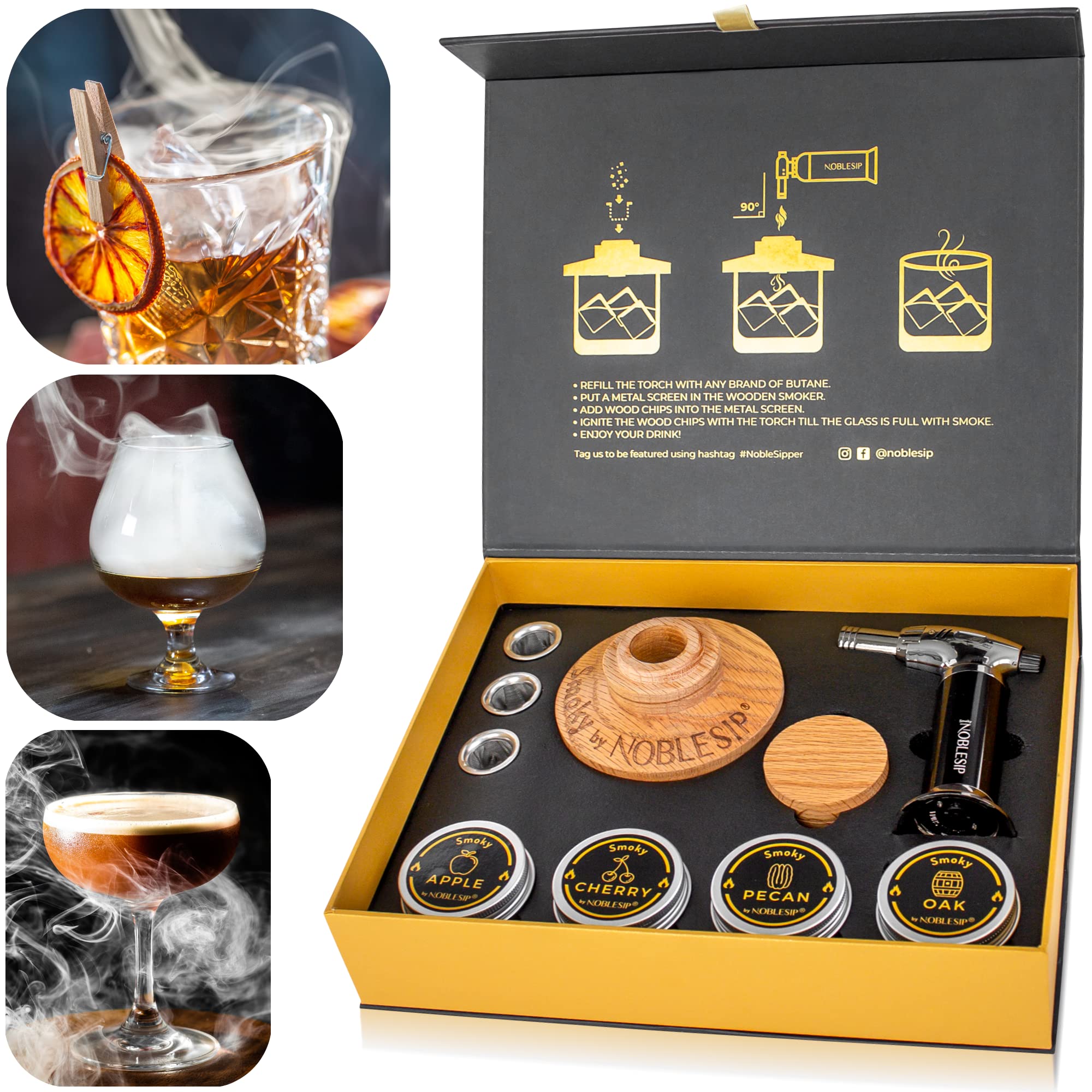 NobleSip whiskey smoker kit with natural oak lid for smoky cocktails at home.
