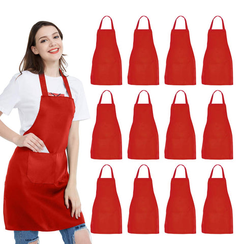 NOBONDO 12-pack red bib apron, front view, ideal for bulk kitchen prep.