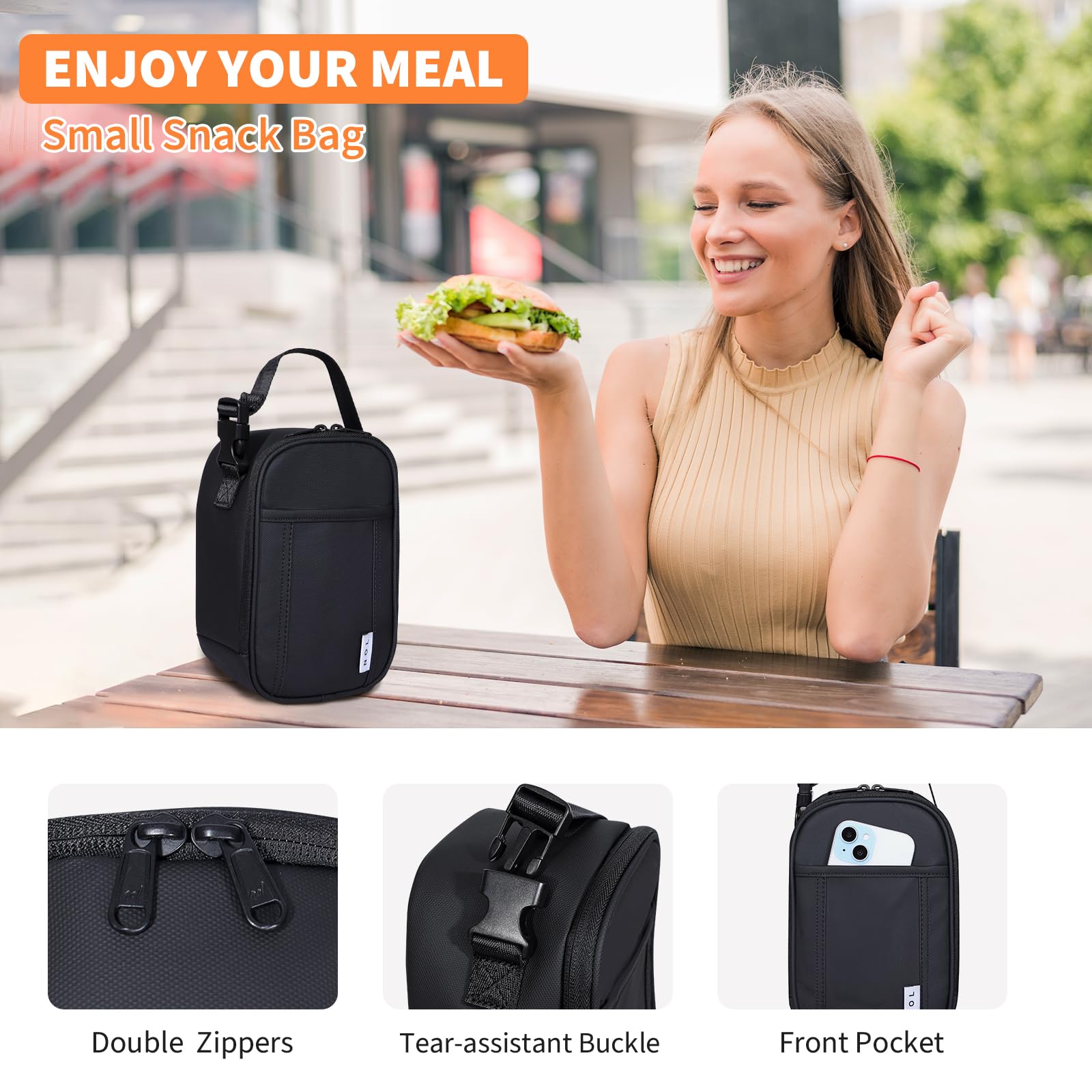 NOL lunch bag outside pocket with removable buckle for hands-free carrying