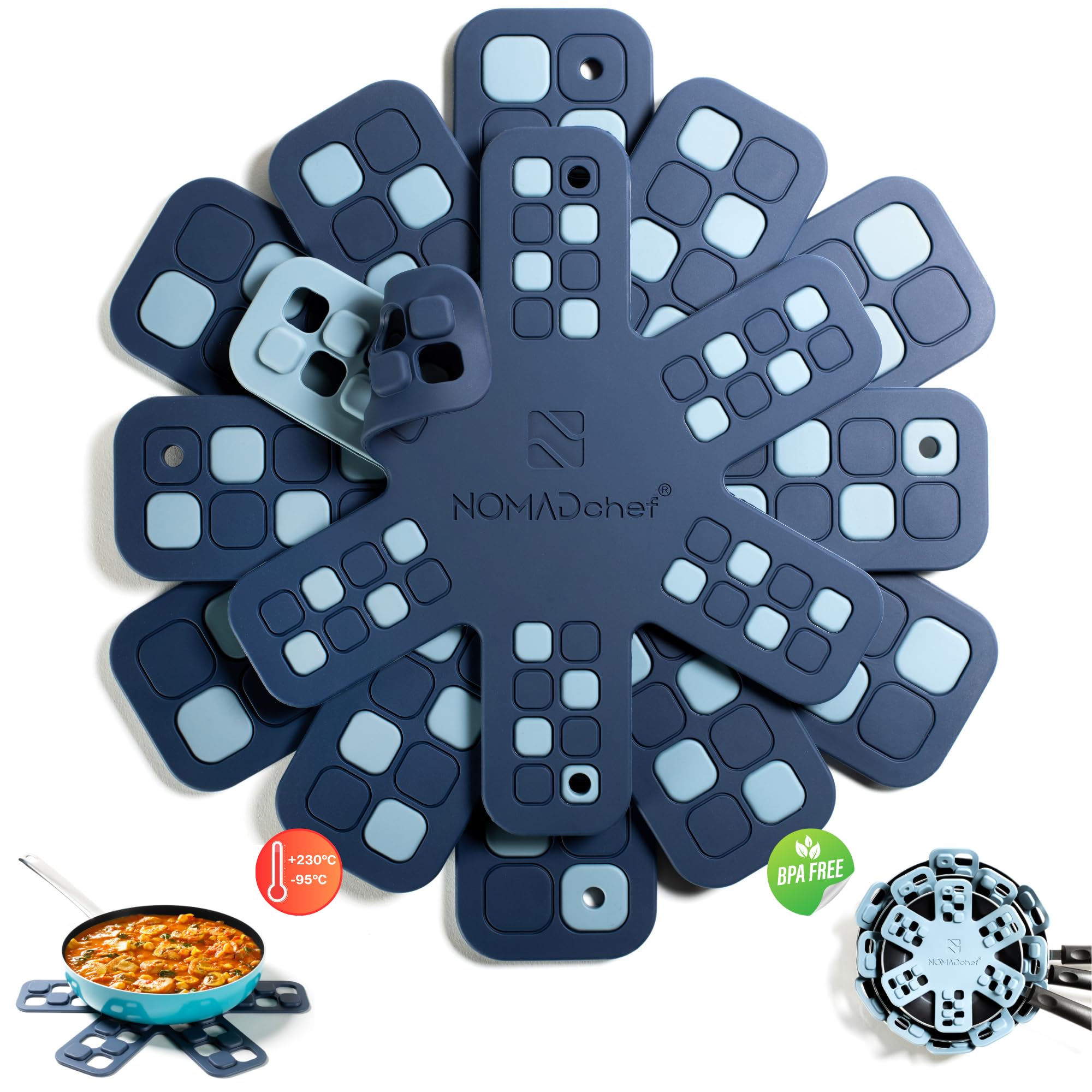 NOMADCHEF dual-use silicone pan protectors shield surfaces while stacking pots.