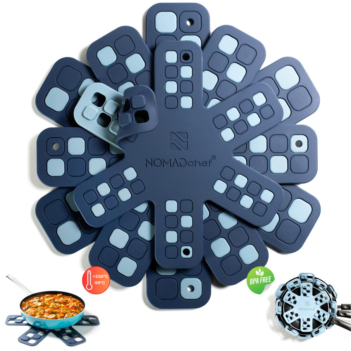 NOMADCHEF dual-use silicone pan protectors shield surfaces while stacking pots.