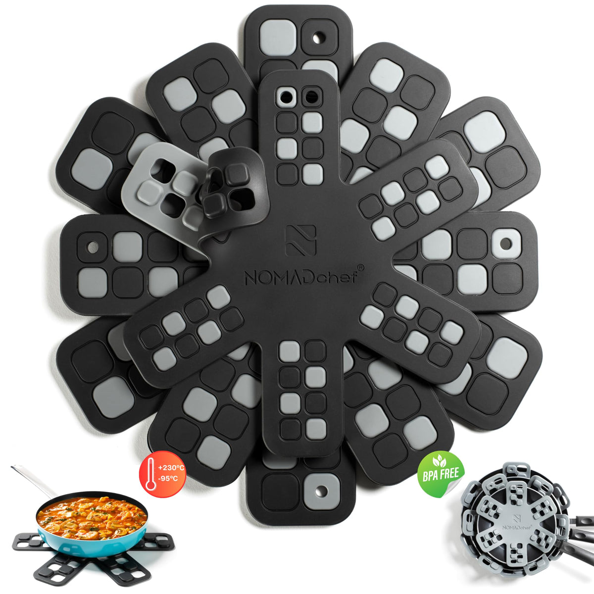 NomadChef dual-use silicone pan protectors for stacking shield surfaces during storage.