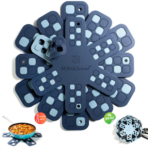NOMADCHEF dual-use silicone pan protectors shield surfaces while stacking pots.