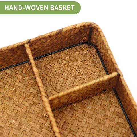 Nonam seagrass woven organizer shows natural texture for desk, vanity, or dresser.