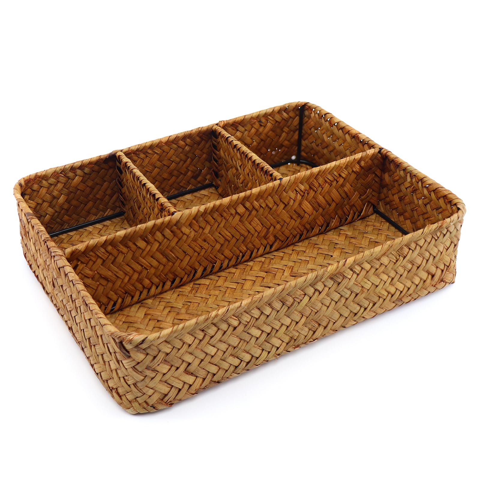 Nonam wicker four-compartment tea bag holder keeps tea organized and accessible.