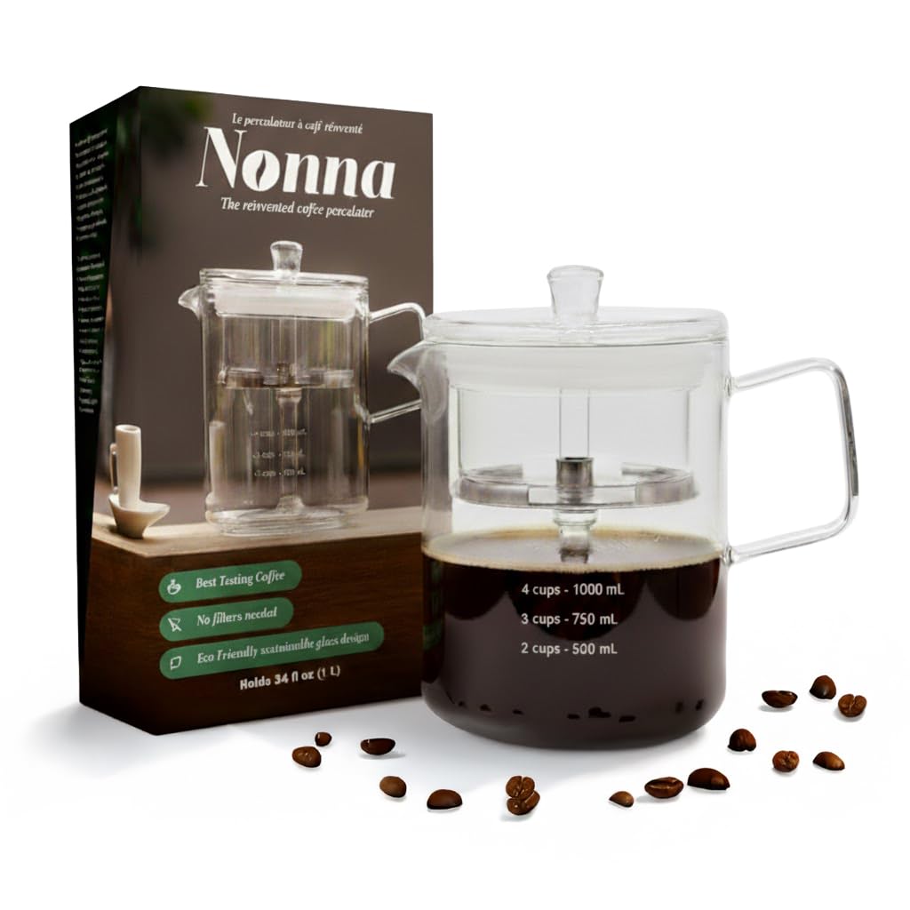 NONNA 2.0 glass coffee percolator pot highlights borosilicate glass for clean, aromatic brews.