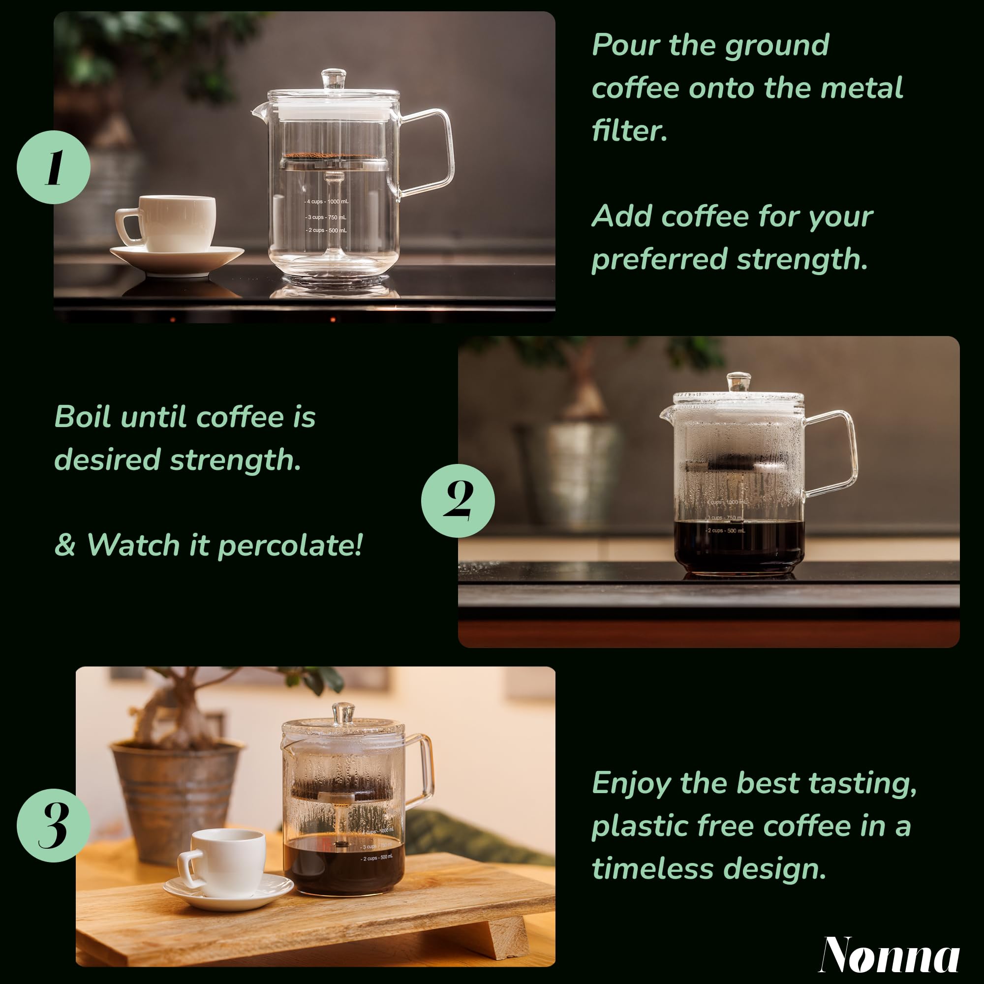 NONNA 2.0 glass lid with silicone seal ensures secure heat retention during brewing.