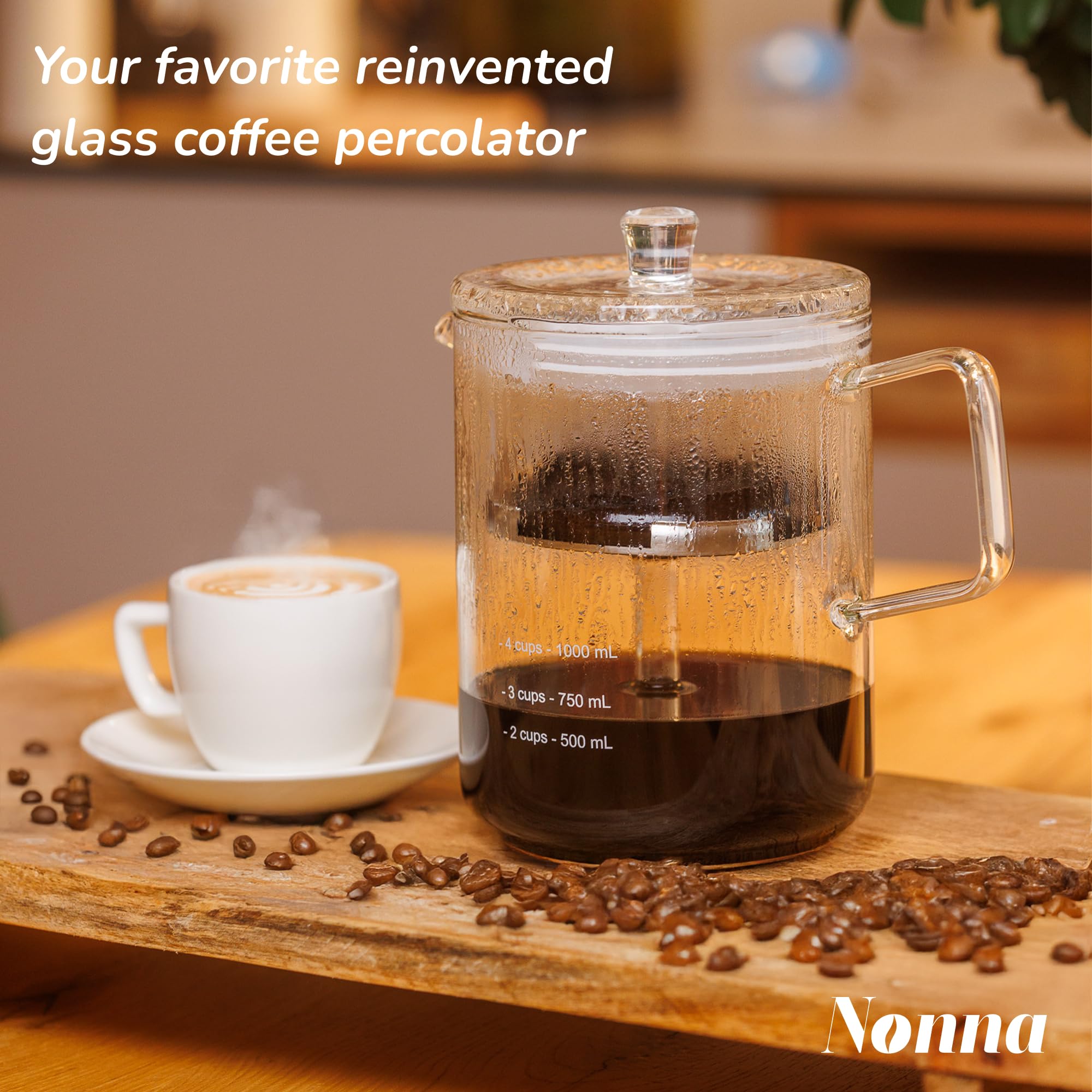 NONNA 2.0 glass stem and basket deliver even extraction and a clean cup.