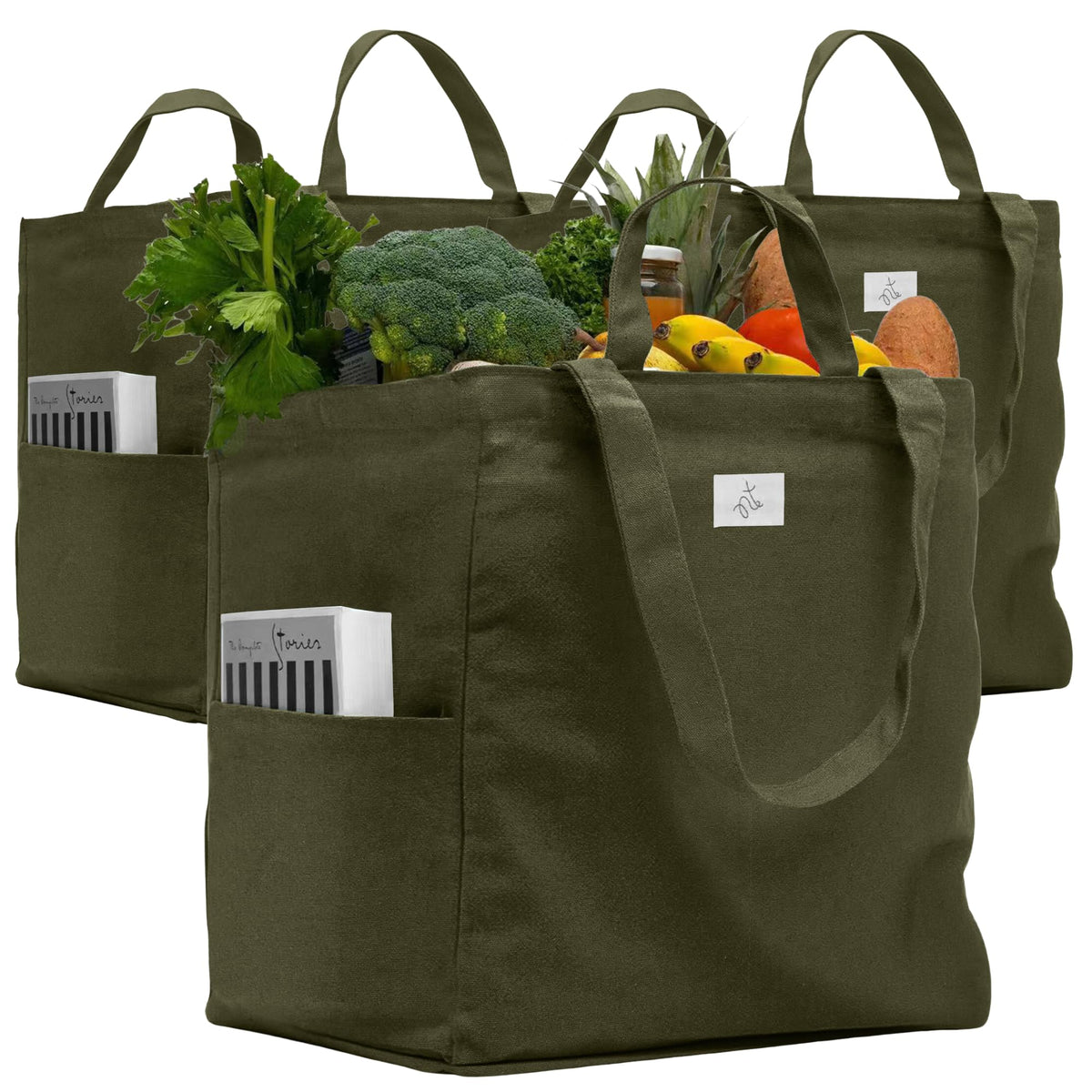Nook Theory 3-Pack heavy-duty canvas bags stand upright for easy loading.