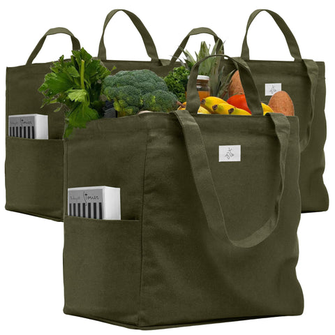 Nook Theory 3-Pack heavy-duty canvas bags stand upright for easy loading.