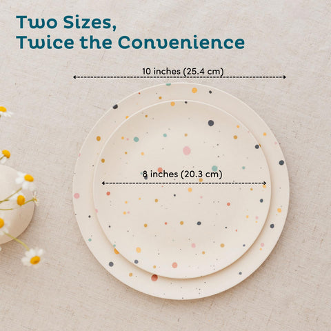 Nook Theory bamboo plates pack-2 highlights two sizes for toddlers and siblings.