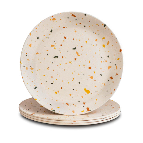 Nook Theory Celebration 8 inch bamboo plates stack displaying durable kid-friendly dinnerware