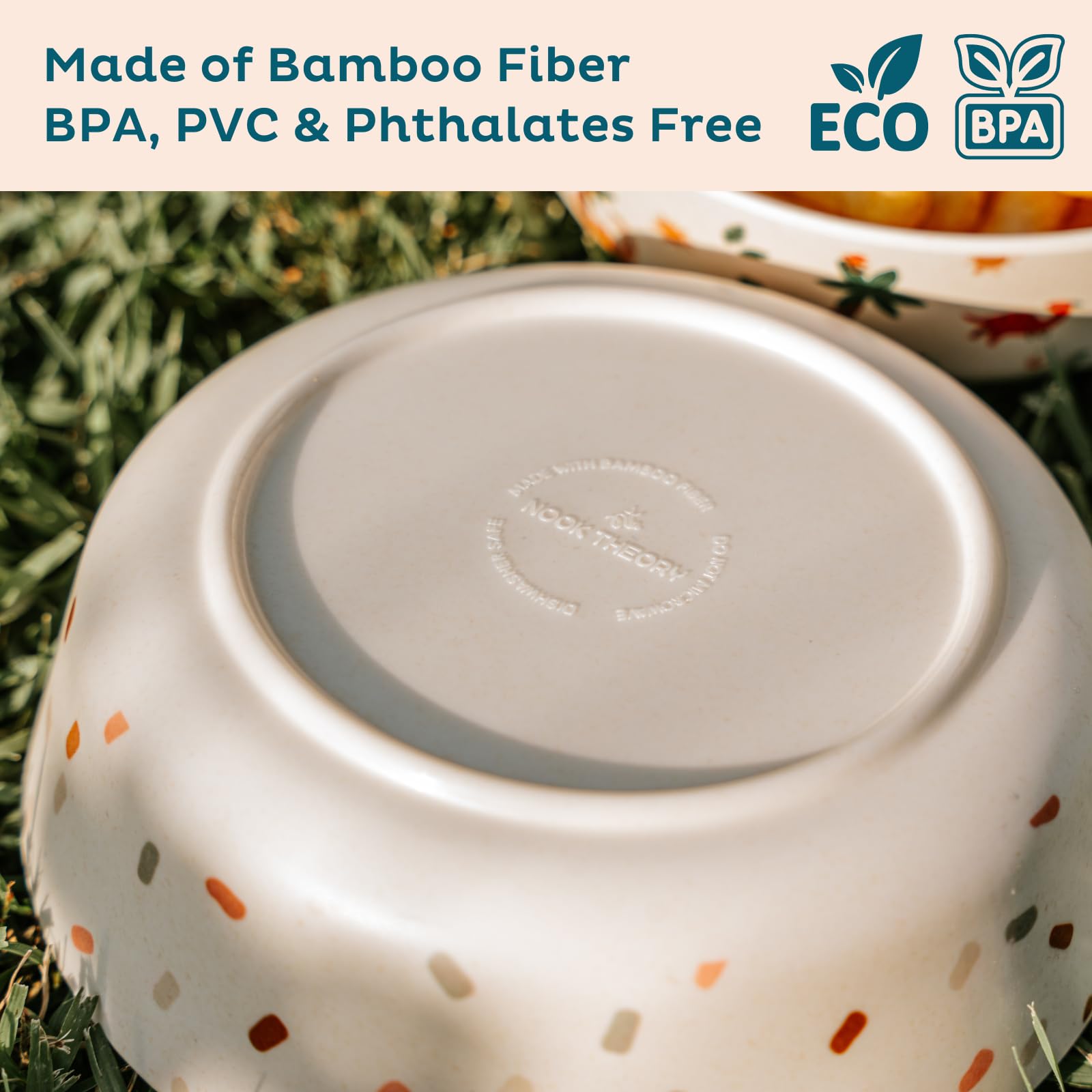 Nook Theory Dino bamboo bowls on dining table for family meals