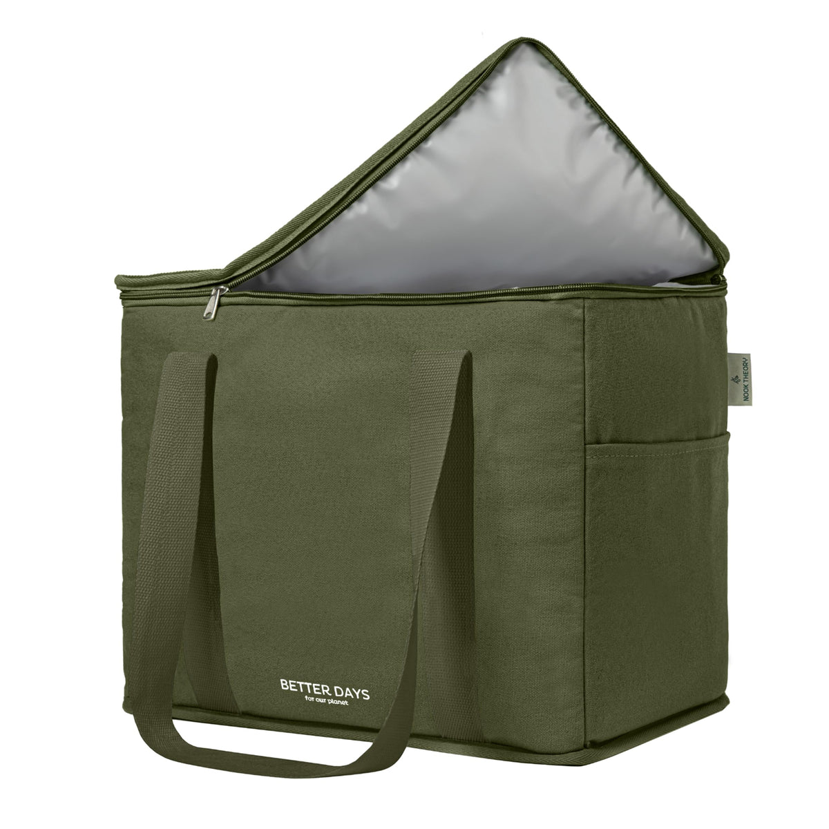 Nook Theory forest green insulated bag with canvas exterior keeps groceries cool.