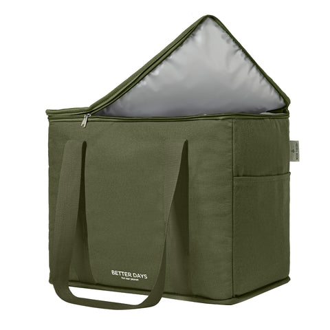 Nook Theory forest green insulated bag with canvas exterior keeps groceries cool.