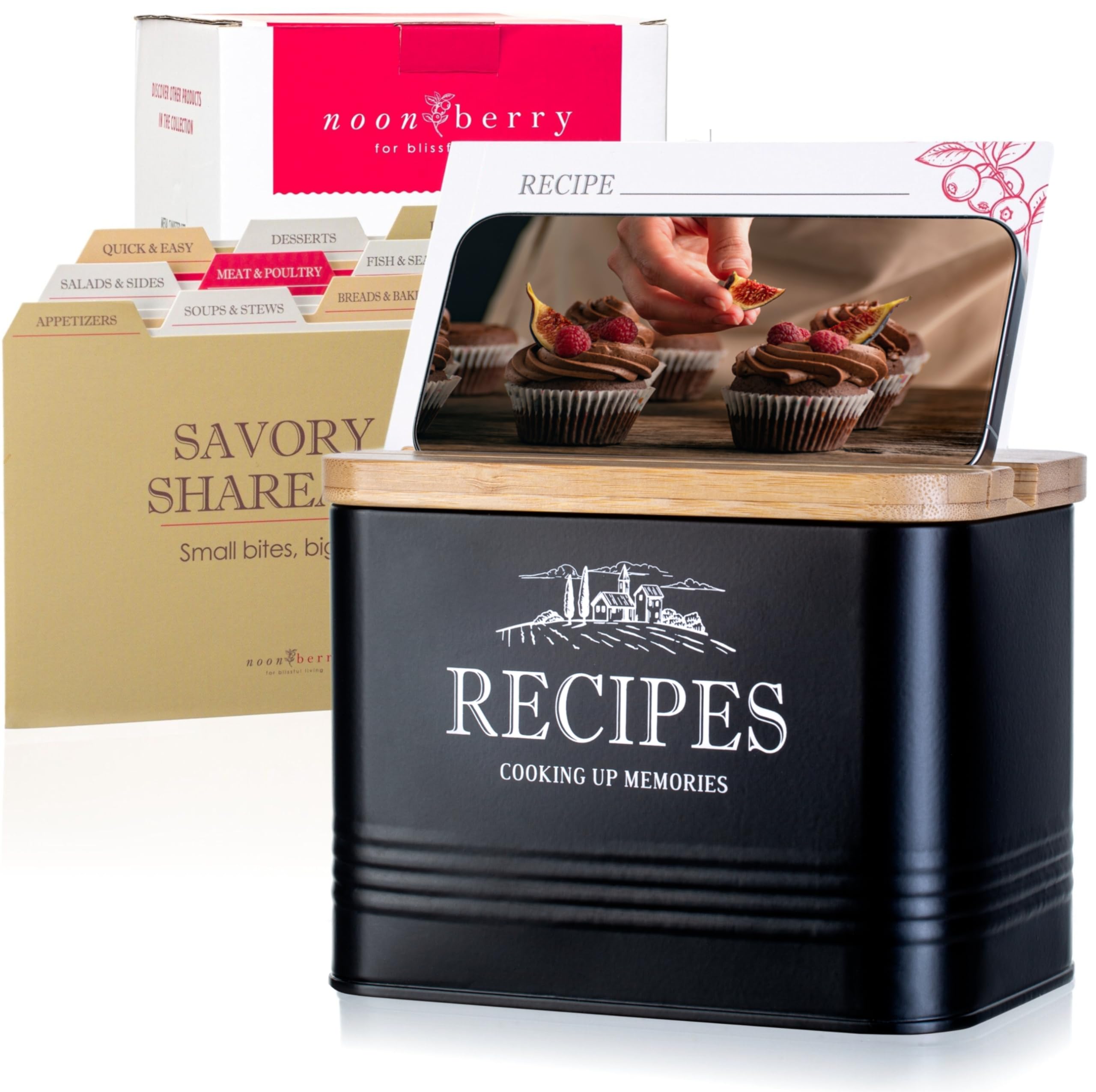 Noonberry 4x6 recipe box with lid organizes recipes on the counter for easy meal prep