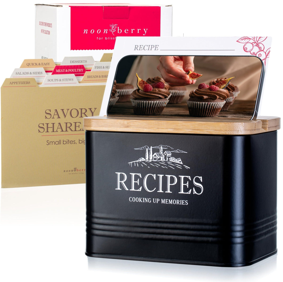 Noonberry 4x6 recipe box with lid organizes recipes on the counter for easy meal prep