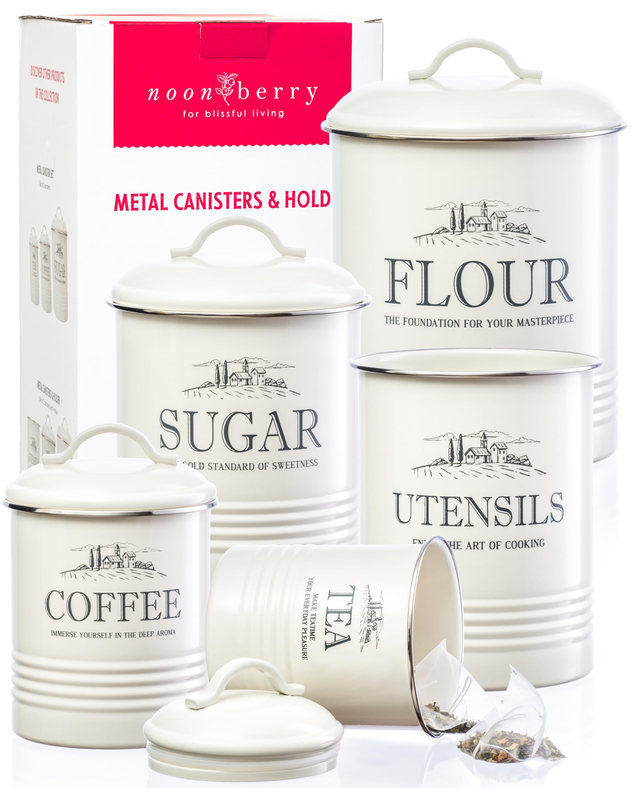 Noonberry 5-piece kitchen canisters in Cream Magnolia on a clean counter.