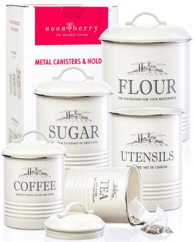 Noonberry 5-piece kitchen canisters in Cream Magnolia on a clean counter.