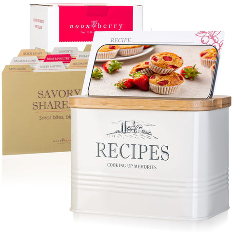 Noonberry recipe box with wooden lid for organized cards and easy access