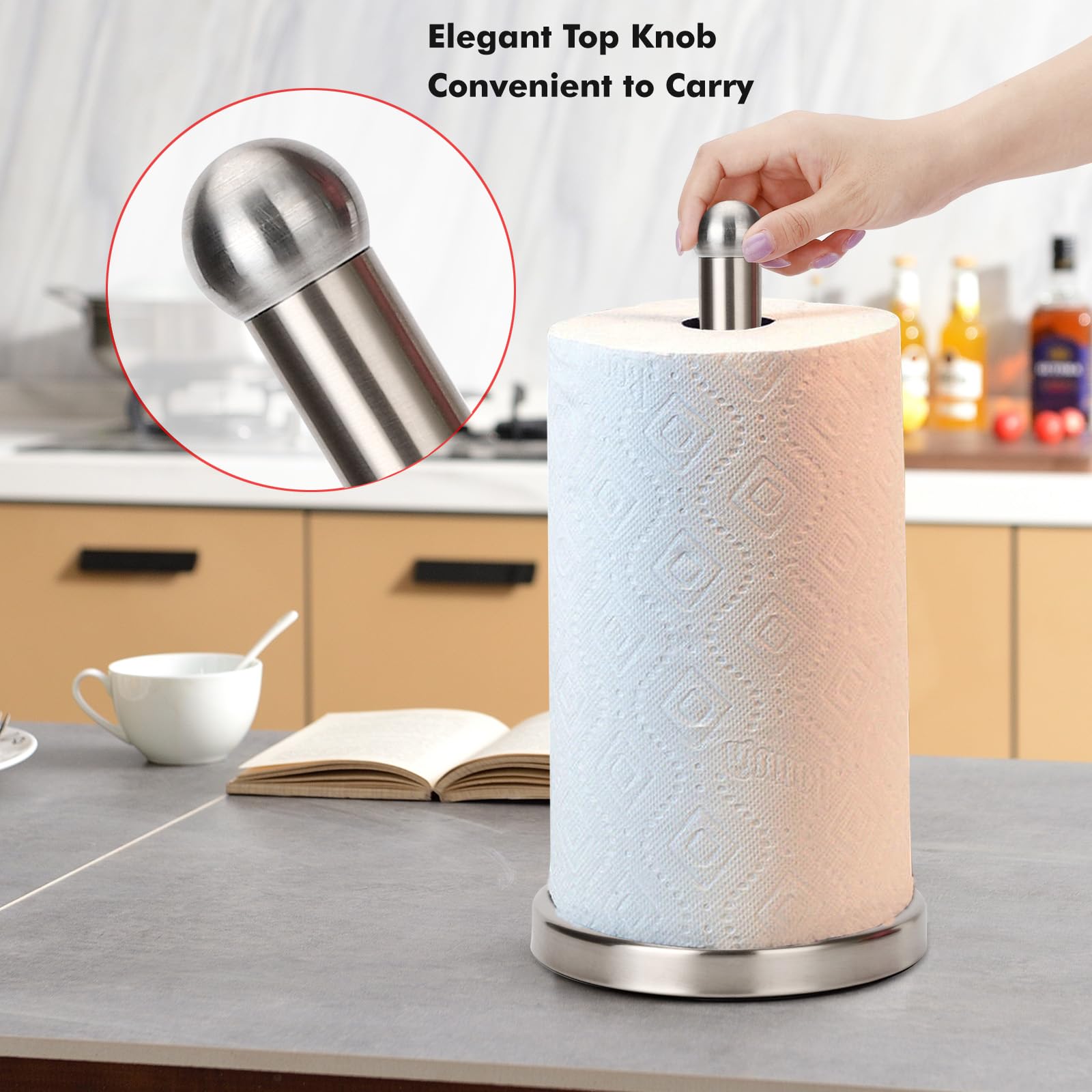 Noonext free-standing paper towel holder keeps towels accessible on the countertop.