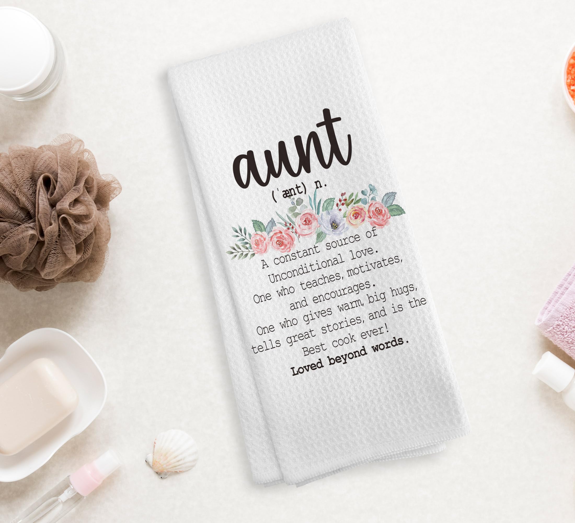 NOQL Aunt Gifts dishcloth demonstrates soft, absorbent polyester for gentle dishwashing.