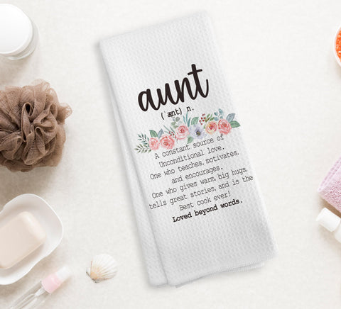 NOQL Aunt Gifts dishcloth demonstrates soft, absorbent polyester for gentle dishwashing.