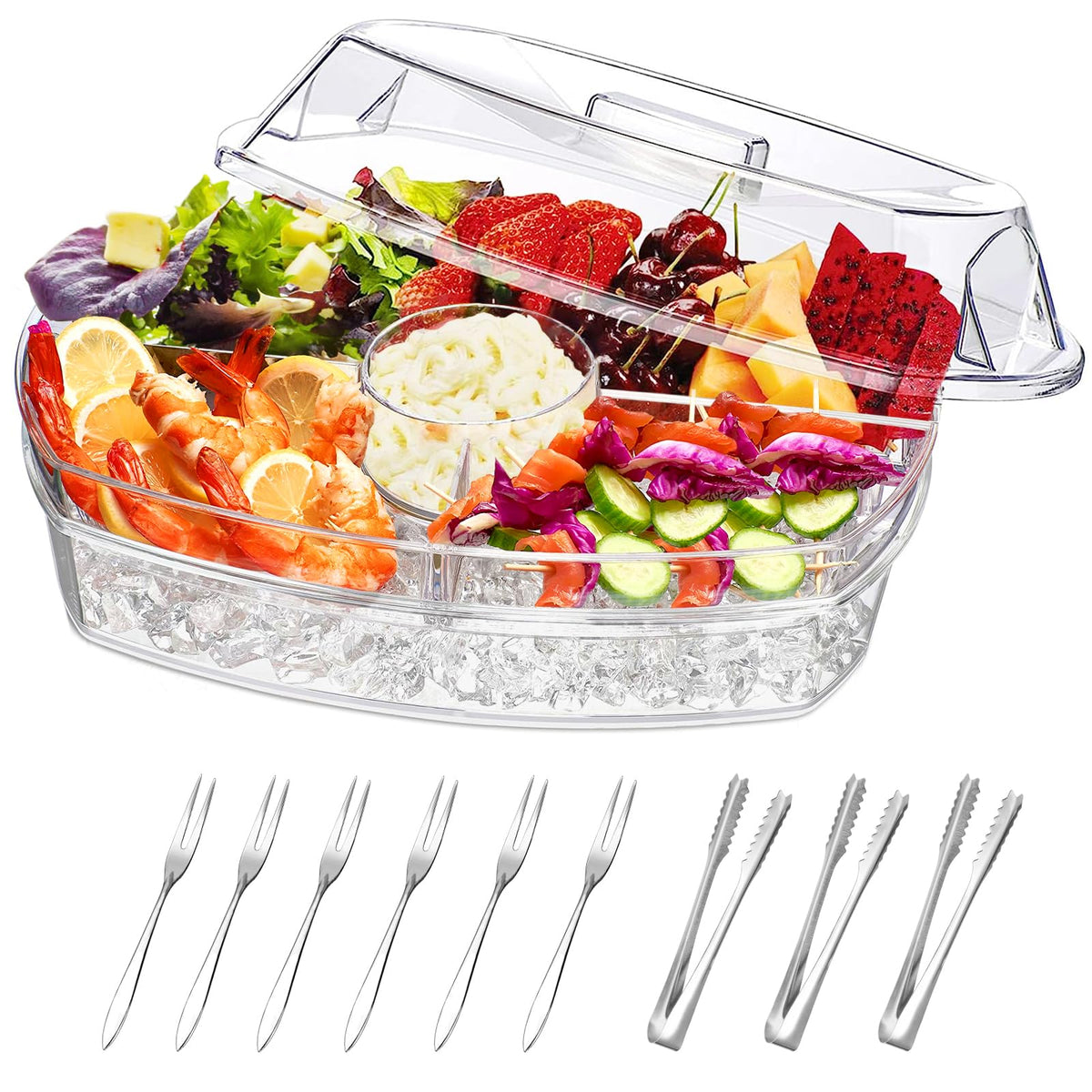 Norar chilled serving platter with ice underneath keeps snacks cool.