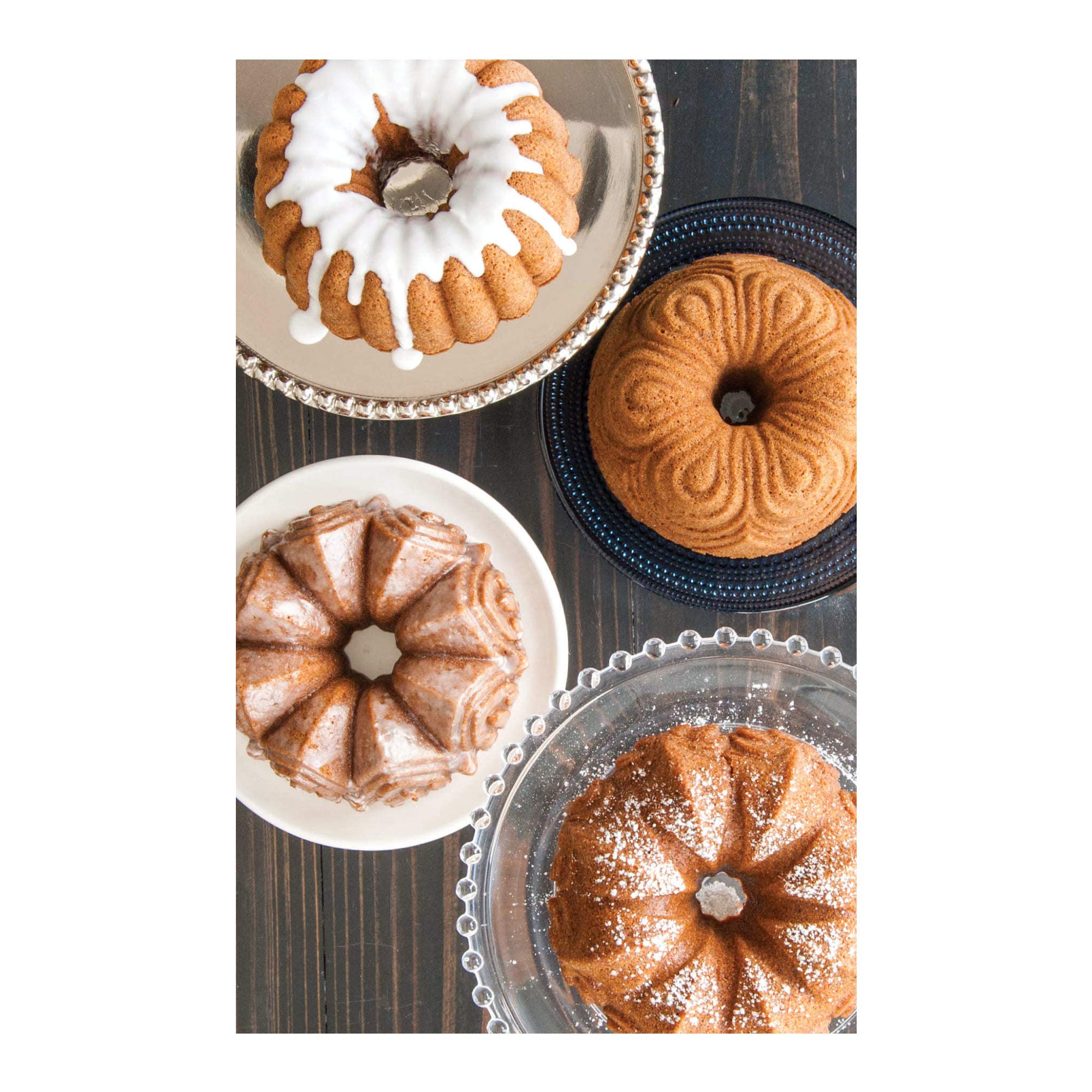 Nordic Ware Bundt Quartet pan shows Fleur de Lis, cathedral, chiffon and party shapes