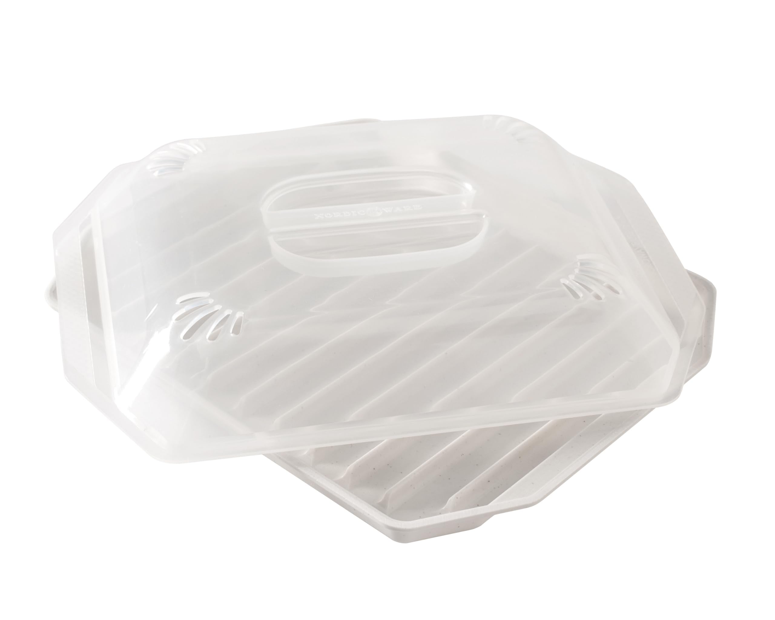 Nordic Ware bacon rack with lid top view shows contained mess and crispy bacon potential