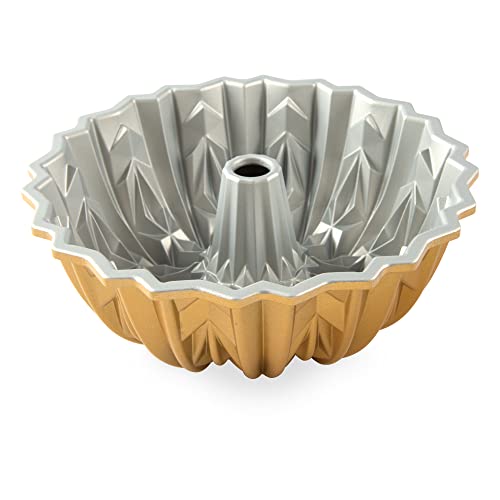 Nordic Ware Cut Crystal Bundt 10-Cup Gold angle view reveals even browning potential.