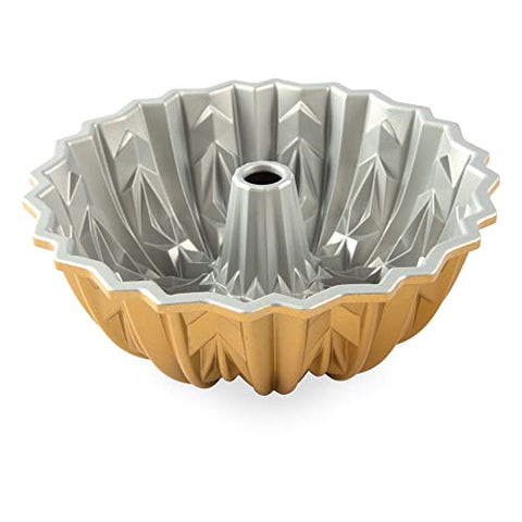 Nordic Ware Cut Crystal Bundt 10-Cup Gold angle view reveals even browning potential.