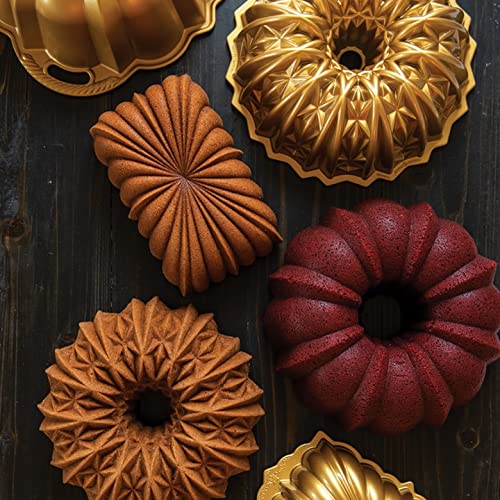 Nordic Ware Cut Crystal Bundt 10-Cup Gold cast aluminum body for even heat.