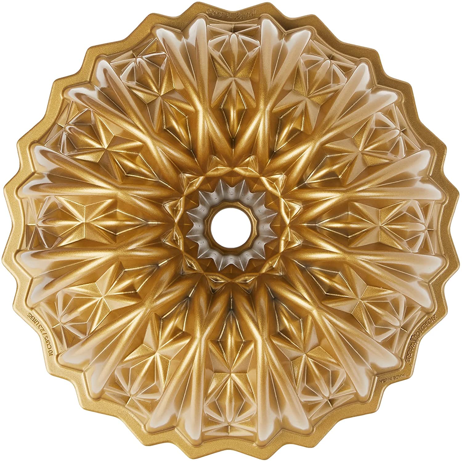 Nordic Ware Cut Crystal Bundt 10-Cup Gold front view highlighting intricate swirl for elegant desserts.
