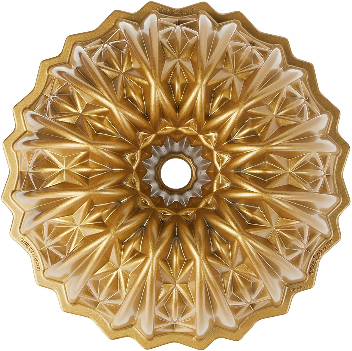 Nordic Ware Cut Crystal Bundt 10-Cup Gold front view highlighting intricate swirl for elegant desserts.